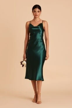 Lisa Shiny Satin Midi Dress - Emerald