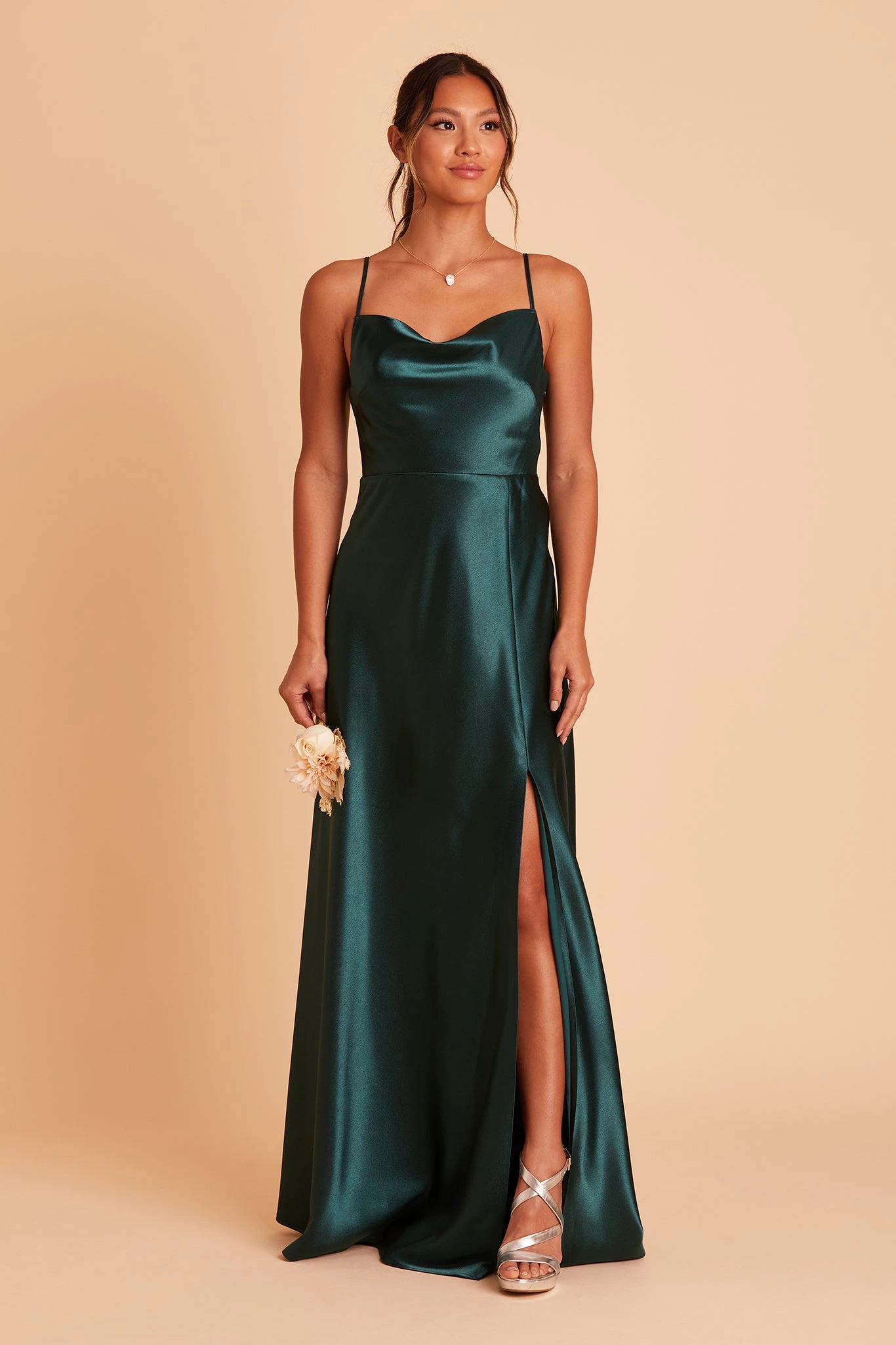 Lisa Long Shiny Satin Dress - Emerald 7 Lisa Long Shiny Satin Dress - Emerald - Image 5
