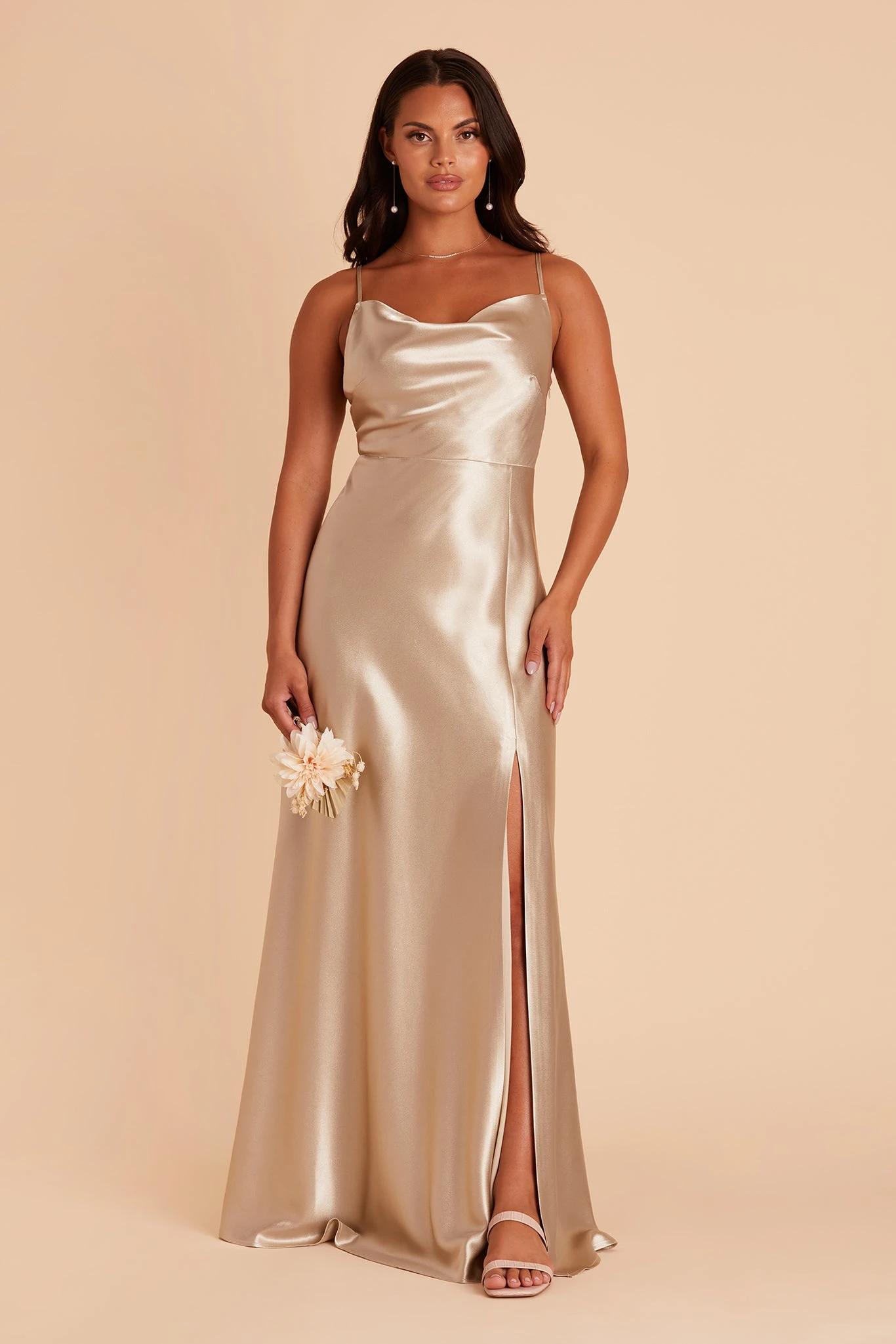 Lisa Long Shiny Satin Dress - Neutral Champagne 9 Lisa Long Shiny Satin Dress - Neutral Champagne - Image 7