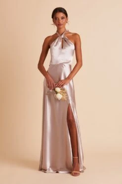 Monica Shiny Satin Dress - Taupe -Cheap Plush Attire Store BIRDY GREY MONICA SLIT BRIDESMAID DRESS TAUPE 02