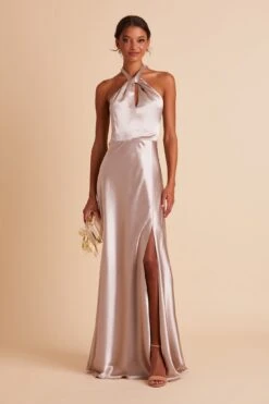 Monica Shiny Satin Dress - Taupe -Cheap Plush Attire Store BIRDY GREY MONICA SLIT BRIDESMAID DRESS TAUPE 06