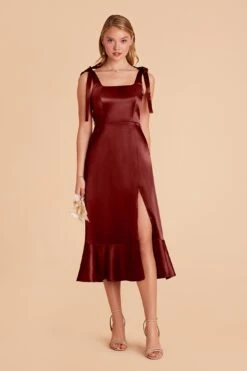 Eugenia Shiny Satin Convertible Midi Dress - Cabernet -Cheap Plush Attire Store cabernet eugenia convertible satin bridesmaid dress 01