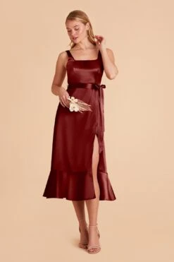 Eugenia Shiny Satin Convertible Midi Dress - Cabernet -Cheap Plush Attire Store cabernet eugenia convertible satin bridesmaid dress 04