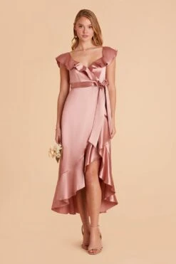 James Shiny Satin Midi Dress - Desert Rose -Cheap Plush Attire Store desert rose james satin bridesmaid dress 01