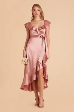 James Shiny Satin Midi Dress - Desert Rose -Cheap Plush Attire Store desert rose james satin bridesmaid dress 02