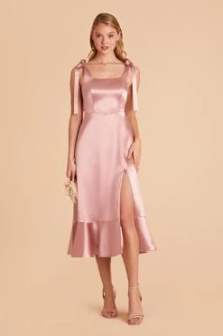 Eugenia Shiny Satin Convertible Midi Dress - English Rose