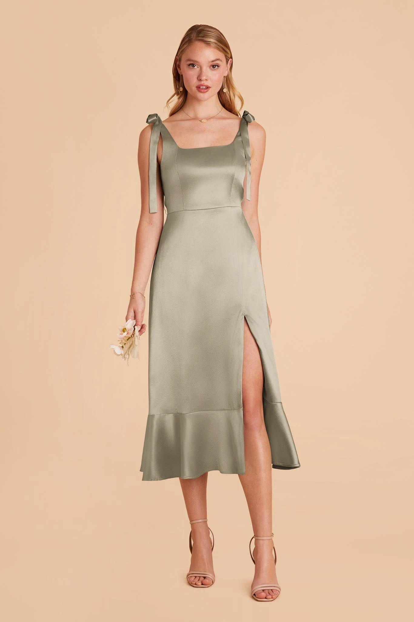 Eugenia Shiny Satin Convertible Midi Dress - Moss Green 6 Eugenia Shiny Satin Convertible Midi Dress - Moss Green - Image 4