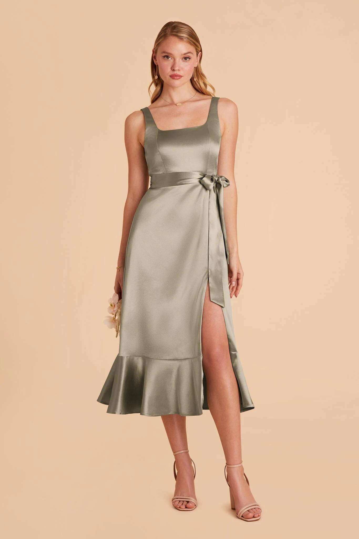 Eugenia Shiny Satin Convertible Midi Dress - Moss Green 3 Eugenia Shiny Satin Convertible Midi Dress - Moss Green