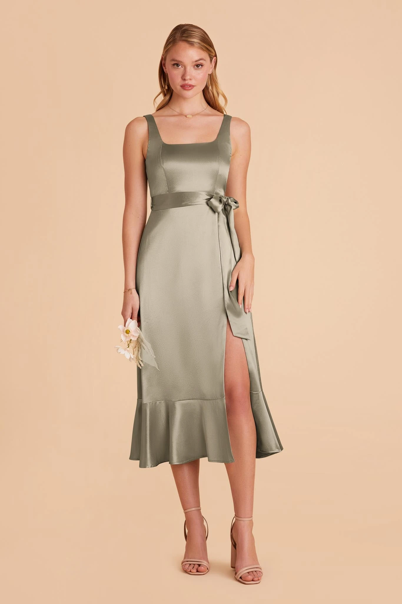 Eugenia Shiny Satin Convertible Midi Dress - Moss Green 5 Eugenia Shiny Satin Convertible Midi Dress - Moss Green - Image 3