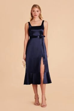Eugenia Shiny Satin Convertible Midi Dress - Navy