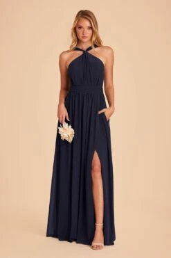 Kiko Chiffon Dress - Navy -Cheap Plush Attire Store navy kiko slit bridesmaid dress 02