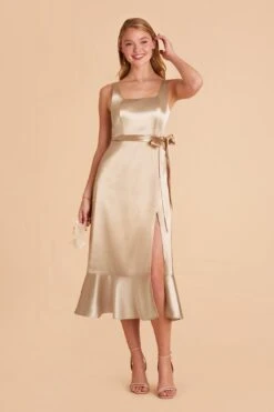 Eugenia Shiny Satin Convertible Midi Dress - Neutral Champagne
