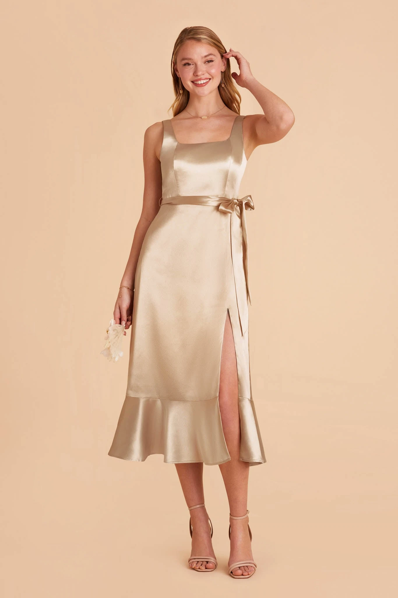 Eugenia Shiny Satin Convertible Midi Dress - Neutral Champagne 3 Eugenia Shiny Satin Convertible Midi Dress - Neutral Champagne