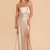 Kira Shiny Satin Dress - Neutral Champagne -Cheap Plush Attire Store neutral champagne kira satin slit bridesmaid dress 01