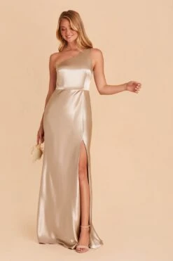 Kira Shiny Satin Dress - Neutral Champagne 13 Kira Shiny Satin Dress - Neutral Champagne -Cheap Plush Attire Store neutral champagne kira satin slit bridesmaid dress 02
