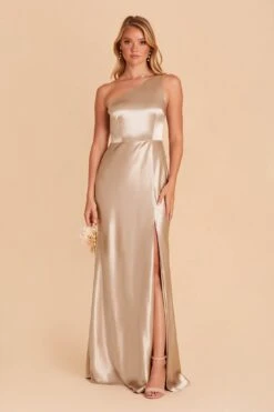 Kira Shiny Satin Dress - Neutral Champagne 12 Kira Shiny Satin Dress - Neutral Champagne -Cheap Plush Attire Store neutral champagne kira satin slit bridesmaid dress 03