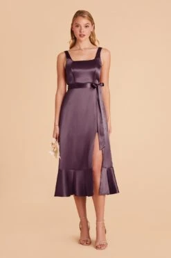 Eugenia Shiny Satin Convertible Midi Dress - Plum -Cheap Plush Attire Store plum eugenia convertible satin bridesmaid dress 03