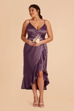 YC Shiny Satin Midi Dress - Plum -Cheap Plush Attire Store plum yc satin plus size bridesmaid dress 02