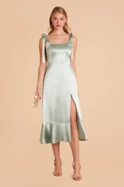 Eugenia Shiny Satin Convertible Midi Dress - Sage -Cheap Plush Attire Store sage eugenia convertible satin bridesmaid dress 01