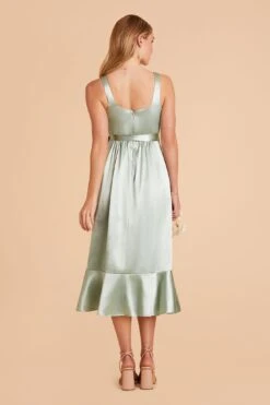 Eugenia Shiny Satin Convertible Midi Dress - Sage -Cheap Plush Attire Store sage eugenia convertible satin bridesmaid dress 06