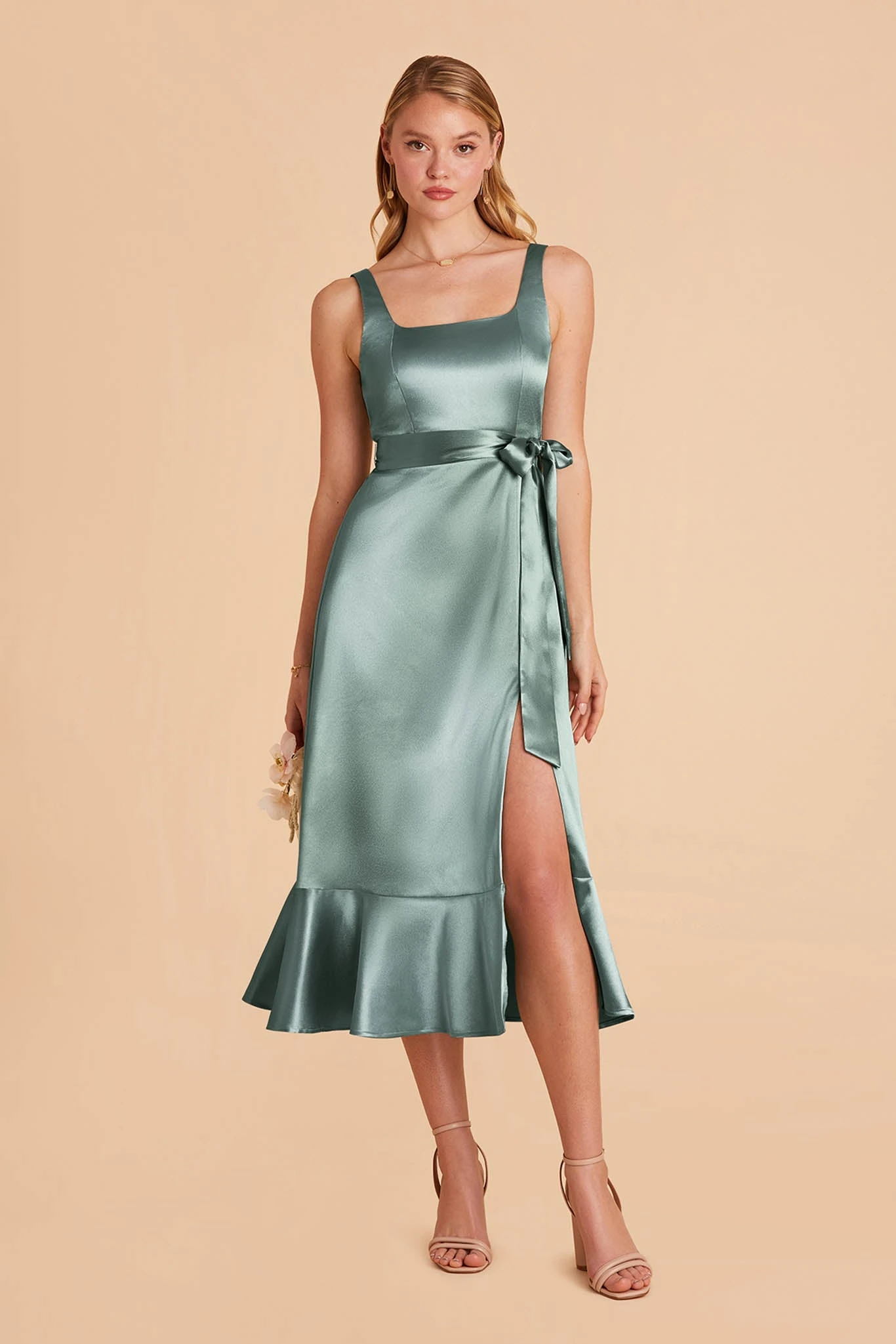 Eugenia Shiny Satin Convertible Midi Dress - Sea Glass 6 Eugenia Shiny Satin Convertible Midi Dress - Sea Glass - Image 4